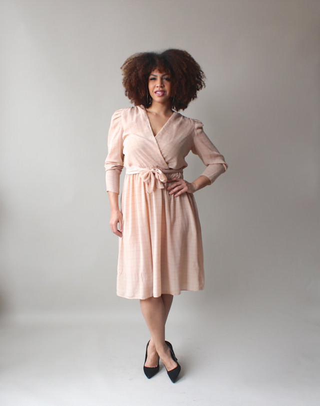 Walking with Cake: Brown Bag Plus Peach Surplice Cut Belted Dress